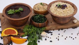 Feijoada : black beans, tofu , parsley and cilantro served with brown rice, kale, vinaigrette and almond flour at Earthy Vegan Cuisine in San Jose