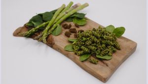 Pistachio Pesto : Fusili pasta, spinachi, pistachio, asparagus and olive oil served with grilled asparagus at Earthy Vegan Cuisine in San Jose