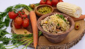 Salpicao Salad: Jack fruit, corn, carrots , tomato, peas, green olives, leeks, shallots and parsley at Earthy Vegan Cuisine in San Jose