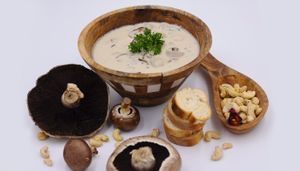 Mushroom Soup: Cremini mushroom, cashew cream, hearts of palm, leeks and shallots at Earthy Vegan Cuisine in San Jose