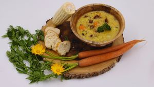 Canjiquinha Soup: Corn hominy, tofu, potato, carrot, parsley and shallots at Earthy Vegan Cuisine in San Jose