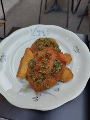 Fried tomatos with fried ginger at Via Con Me in Bologna
