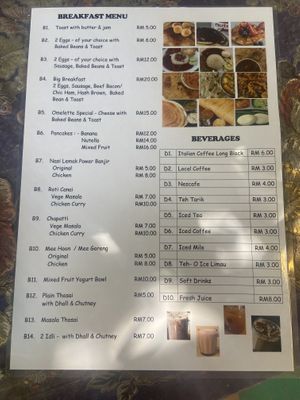 Breakfast menu  at Tony's Corner in Langkawi