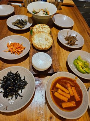 Tofu Steak + Noodles with vegetables and alllll the side dishes at Sulgodang in Busan