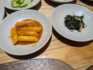 Tteokboki and wilted greens of some sorts at Sulgodang in Busan