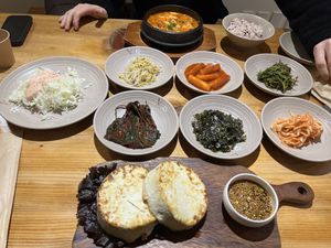 Tofu steak and vegan side dishes  at Sulgodang in Busan