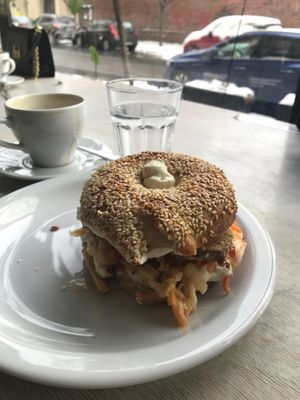vegan bagel with tofu kimchi and mayonnaise  at Massolit Bakery & Cafe in Krakow