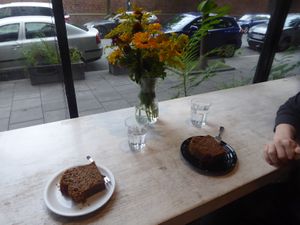 Banana bread on the high table at Massolit Bakery & Cafe in Krakow