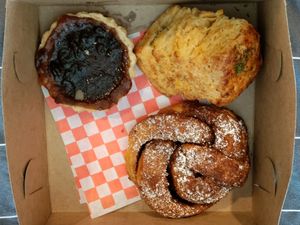 Butter tart, cheddar scone, cinnamon brioche bun at Bad Attitude Bread in Toronto
