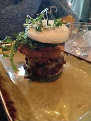 Veggie muffin made vegan - hash brown,bhaji,mushrooms,tomato&relish    at The Kitchen in Omagh