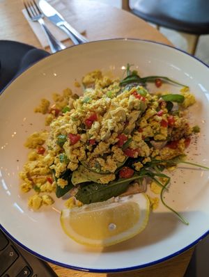 Tofu scramble, usually comes on mushrooms, subbed it with toast. Generous portion. at The Coffee Club in Abu Dhabi