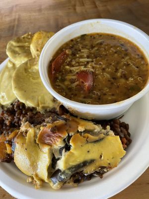 Moussaka, kitchari and potatoes   at Giri Kana Cafe in Southport