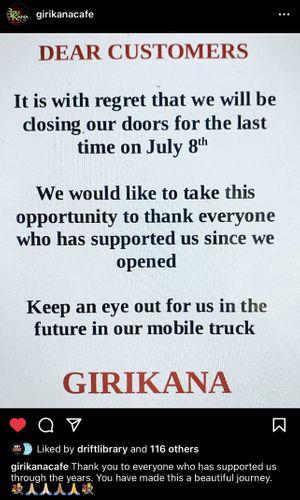 Closed Down Instagram Post  at Giri Kana Cafe in Southport