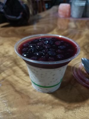 Tapioca coconut pudding with blueberry topping, high quality ingredients, only £5.50 at Giri Kana Cafe in Southport