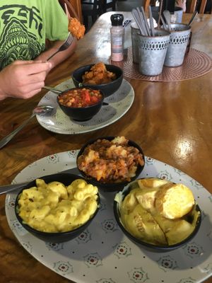 Share platter with Mac and cheeze, creamy potato, sheppards pie, curry and kofta balls. at Giri Kana Cafe in Southport