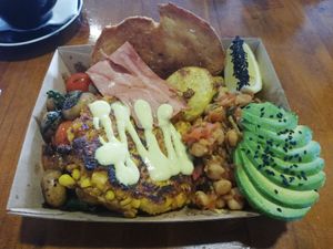 Brekky Box ($16) + Corn Fritter ($4), Avo ($3) & Hollandaise ($?) at Giri Kana Cafe in Southport