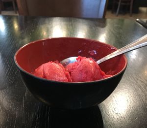 Sebastian Joe's raspberry sorbet (vegan). One scoop already eaten! at Masu Sushi & Noodles in Apple Valley