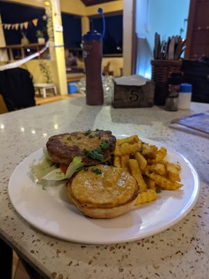 Tofu burger at Karmer Traders Hostel in Kampot