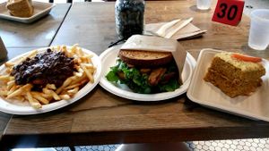 Chili cheese fries, club sandwich, and bunny love cake at Healthy Junk in Anaheim
