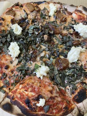 Burnt sausage and mushroom with toooo much sauce at Healthy Junk in Anaheim