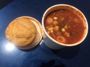 chili with cornbread at Healthy Junk in Anaheim
