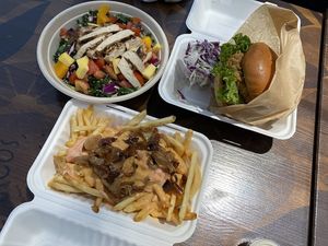 Mighty Kale, Crispy Chick Burger, and Loaded Bunny Fries at Healthy Junk in Anaheim