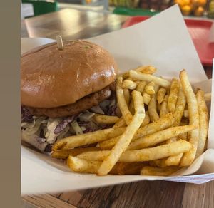 Vegan Salmon Burger & Fries at Healthy Junk in Anaheim