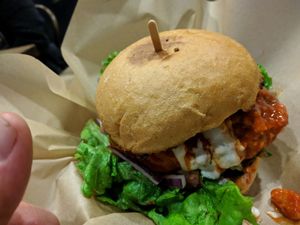 fried chicken sandwich with Buffalo sauce  at Healthy Junk in Anaheim