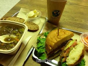 my favorite... the Anaheim chili burger and some lentil soup with hot tea. at Healthy Junk in Anaheim