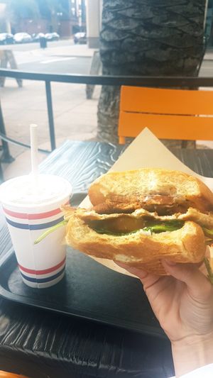Breakfast burger and green ice tea at Healthy Junk in Anaheim