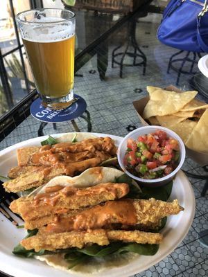 Sweet potato taco, side of chips and salsa and and IPA  at Healthy Junk in Anaheim