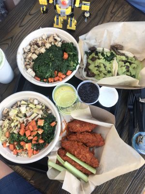 Husband was very excited by the bottom right spicy  “chick” things with ranch dip at Healthy Junk in Anaheim