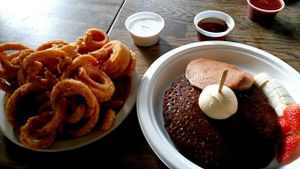 Pancakes, bacon, and curly fries  at Healthy Junk in Anaheim