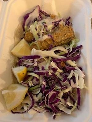 Fish Taco with vegan tarter sauce. 
Delicious!  at Healthy Junk in Anaheim