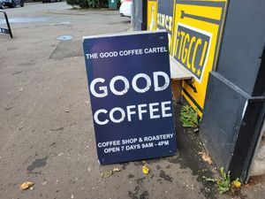 Sign outside with info at The Good Coffee Cartel in Glasgow