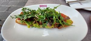 Sour dough toast and avocado with toppings. The restuarant I visited was in Gozo and is the sister restuarant. at Manouche  in Valletta