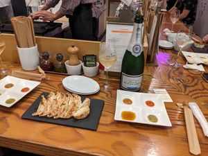 Many sauces! at Champagne & Gyoza Bar - Osaka Kitashinchi  in Osaka