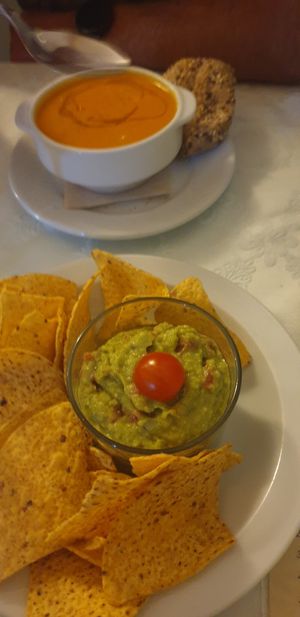Nachos for me and pumpkin soup for him at El Laurel in Salamanca