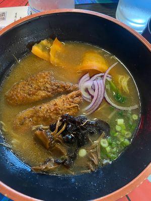 Vegan soy chunks in the ramen at Chakramen  in Padua