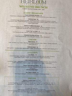 Brunch menu at Heirloom in Vancouver