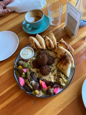 Falafel, hummus, pickled veggies and pita with vegan tzatziki = HEAVEN!!  at Heirloom in Vancouver