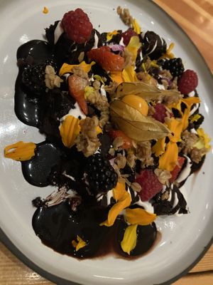 Vegan brownie with coconut whip.  at Heirloom in Vancouver