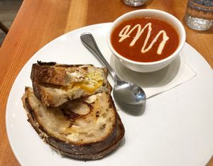 Grilled vegan cheese and soup  at Heirloom in Vancouver
