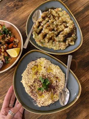 Salad, baba ganoush & hummus  at Turkish Stonebakers in Wellesbourne