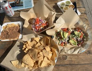 Rice and beans, veggie and potato tacos, and chips  at Pierpont Tacos in Ventura