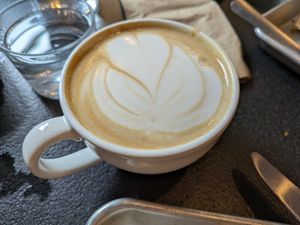 Banana rhubarb caramel latte at Woodhouse Bakery + Coffee  Shop  in Columbus