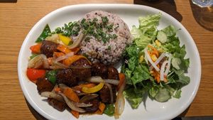 Vegan meat with pepper sauce at UNPLAN Kagurazaka in Tokyo