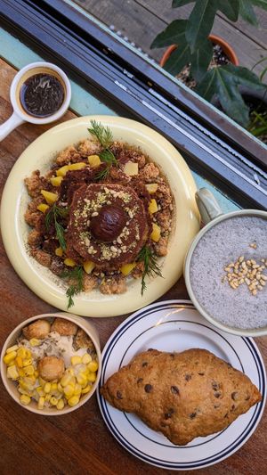Vegan Chestnut Tiramisu, Corn Cream Pudding, Crookie, Black Sesame Latte at Moonggoojeom Vegan Bakery in Busan