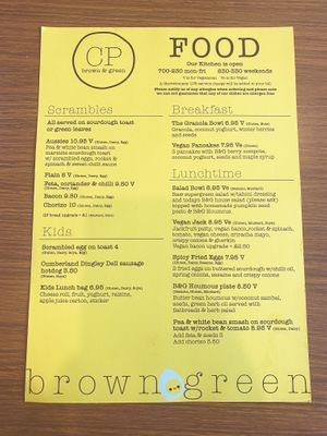 Food menu  at Brown & Green - Crystal Palace station in South East London