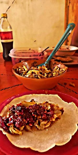 Doblada con guisado vegano de col caramelizada con seitan at Cocodrilo Enamorado Mazunte in Oaxaca